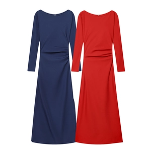 Elegant off-shoulder long sleeve maxi dress with side ruching in navy and red