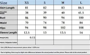 Detailed size guide for women shirt dress showing XS to L measurements in centimeters