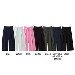 Damen Casual Hohe Taille Weites Bein Hose Plissee Gerade Hose Einfarbig Gestreift Streetwear Locker Mode Slacks