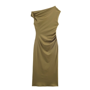 Detail view of olive green one-shoulder dress with elegant side ruching and pleated waist