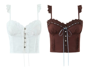 Detailed lace trim, metal buttons and blue ribbon bow on woven camisole tops