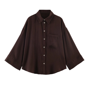 Women's loose-fit solid chocolate brown shirt with wide sleeves and single pocket