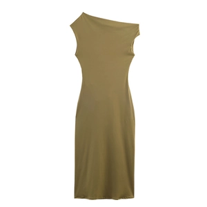 Detail of modern sleeveless dress featuring unique asymmetrical neckline in dark khaki green