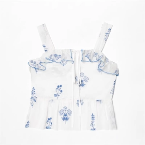 Detail of floral embroidery and ruffle trim on white cotton camisole dress