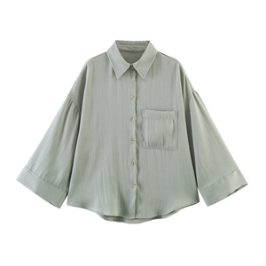 Women's casual loose solid color blouse with wide sleeves in sage green linen blend