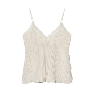 Elegantes weißes Camisole-Top für Damen mit Spitzenbesatz, geraffter Textur und dünnen Trägern