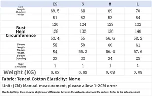 Detailed size chart for long loose casual shirt in Tencel cotton with measurements
