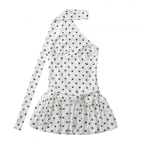 Polka dot halter neck mini dress with neck tie and matching waist bow in white and black