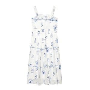 White tiered summer dress for girls featuring blue floral prints and ruffle straps
