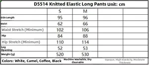 Tableau des tailles détaillé pour pantalons en maille femme avec mesures de taille et hanches