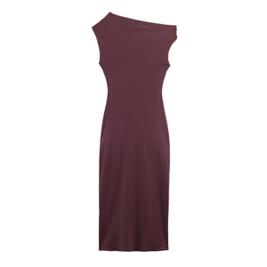 Detail of burgundy midi dress featuring a stylish asymmetrical one-shoulder neckline