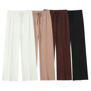 Pantalon en Maille à Jambe Large pour Femmes Taille Haute Avec Cordon de Serrage Couleur Unie Pantalon en Tricot Décontracté