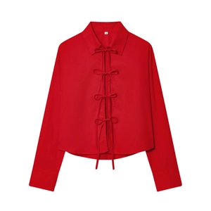 Women stylish bright red long sleeve poplin shirt with decorative front bow ties