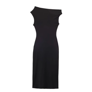 Detailed front view of black sleeveless bodycon midi dress with asymmetric neckline
