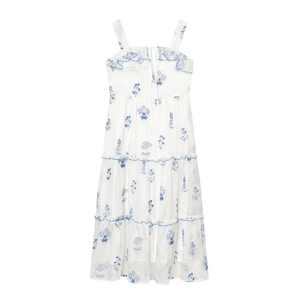 White floral off-shoulder mini dress with blue botanical print and tiered ruffles