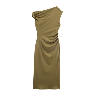 Elegant olive green one-shoulder satin midi dress with stylish waist ruching details