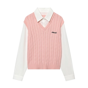 Haut deux-en-un rose en maille torsadée avec manches chemise et broderie Nature