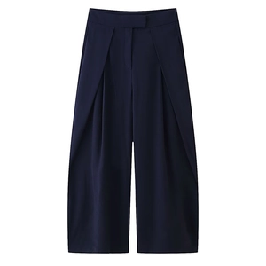 Deep blue high-waisted wide-leg trousers with sleek pleated waist and A-line drape