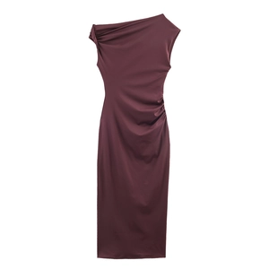 Elegant wine red one-shoulder sleeveless midi dress with ruching detail on white background