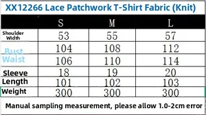 Size chart for the lace spliced satin T-shirt showing S, M, and L measurements in cm