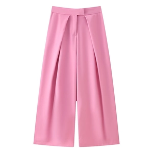Elegant high-waisted pink wide-leg trousers with deep symmetrical pleats for women