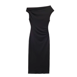 Elegant black sleeveless bodycon dress with asymmetrical pleated neckline and side ruching