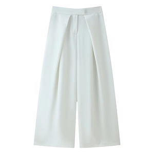 Elegant high-waisted white wide-leg trousers with front pleats and draped fabric style