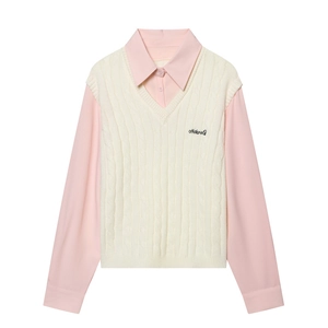Ensemble chemise rose pour femme et pull sans manches en maille beige brodé