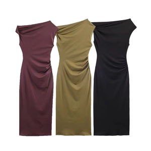 Elegant sleeveless off-shoulder midi dress with ruched waist in burgundy, green, and black