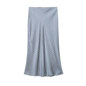 Women Elegant Satin Polka Dot Midi Skirt Gray Blue High Waist A-Line Silky Satin Skirt For Casual Office Wear