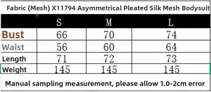 Size chart for asymmetrical ruched mesh bodysuit with chest and waist measurements