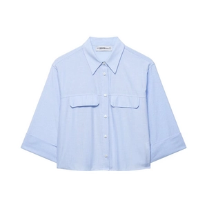 Women's blue striped short-sleeved button shirt with front pockets in a relaxed fit