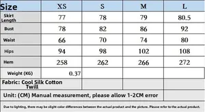 Detailed size chart for women's dress showing measurements for XS S M L sizes