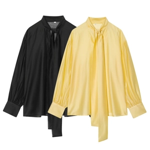 Women Satin Blouse Elegant Tie Neck Pussy Bow Long Sleeve Shirt Solid Color Glossy Professional Office Top Casual Fashion Wear
