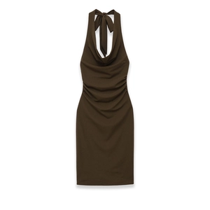 Women Halter Cowl Neck Ruched Midi Dress Sexy Bodycon Backless Solid Color Deep Brown Sleeveless Party Evening Clubwear Dress