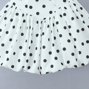 French style polka dot halter mini dress with elegant pleated waist detail in white