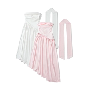 Robe Midi Femme Sexy Sans Bretelles Plissée Dos Nu Ourlet Asymétrique Satin Bodycon Avec Écharpe Pour Soirée Club