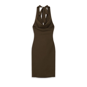 Detail of dark brown halter neck dress with back tie and elegant pleated neckline