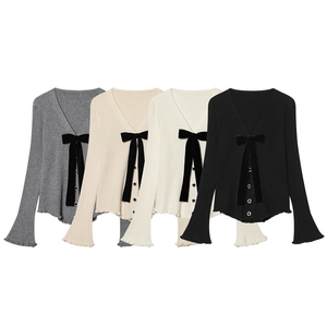 Cardigan in Maglia da Donna Scollo a V Fiocco in Velluto Bottoni a Cuore Maniche a Campana con Volant Poliestere