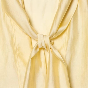 Elegant light yellow satin long-sleeve blouse with a stylish neck-tie bow design detail