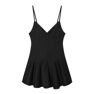 Detail view of black V-neck jumpsuit dress with spaghetti straps and back zipper