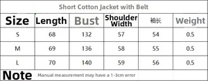 Guide des tailles détaillé pour veste courte matelassée avec mesures S M L et ceinture