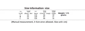 Detailed size chart for winter faux fur jacket including bust, length, and sleeve measurements