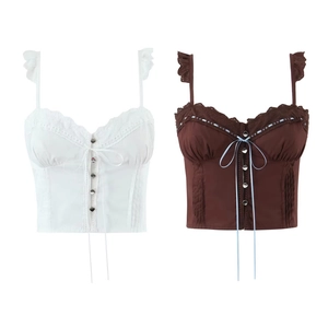 Chic corset-style camisole top with delicate lace trim, decorative buttons and bow detail