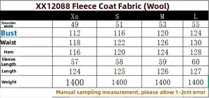 Detailed size chart for long fleece coat including measurements for XS to L sizes