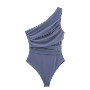 Detail of greyish blue one-shoulder bodysuit with ruched front and asymmetric cut