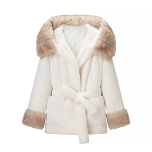 Detail of white faux fur hooded jacket with brown plush trim and quilted inner lining