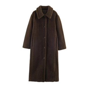 Women Casual Teddy Fleece Long Coat Single Breasted Lapel Sherpa Outerwear Streetwear Autumn Winter Warm Coffee Solid Color Jacket