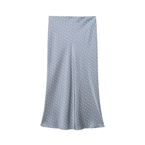 Elegant light blue satin maxi skirt with white polka dots for women on white background