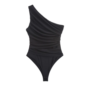 Sleek black one-shoulder asymmetric bodysuit with gathered pleats and high-cut leg design